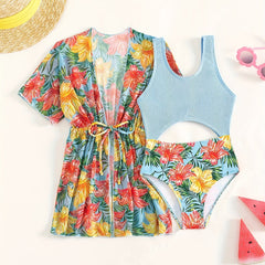 Girl's Tropical Plant Print Tankini Swimsuit & Cover Up