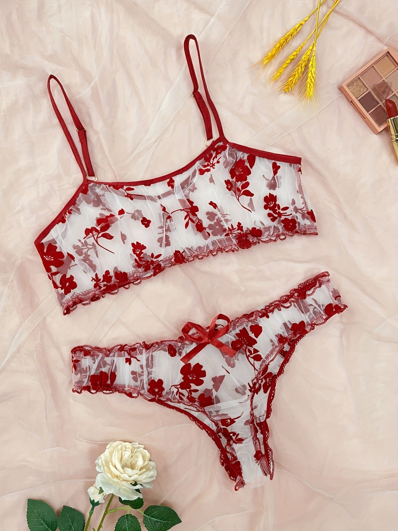 Floral Mesh Lingerie Set Sexy Sheer Tulle Bra Panties Seductive Look