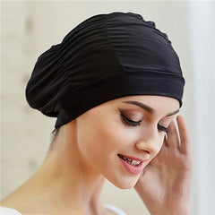 Women's Pleated Swim Cap High Elastic Fabric Pool Bathing Hat