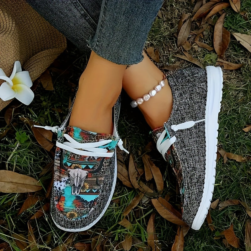 Women's Retro Bull & Floral Print Skate Shoes Lightweight Low Top