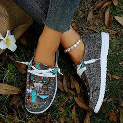 Women's Retro Bull & Floral Print Skate Shoes Lightweight Low Top