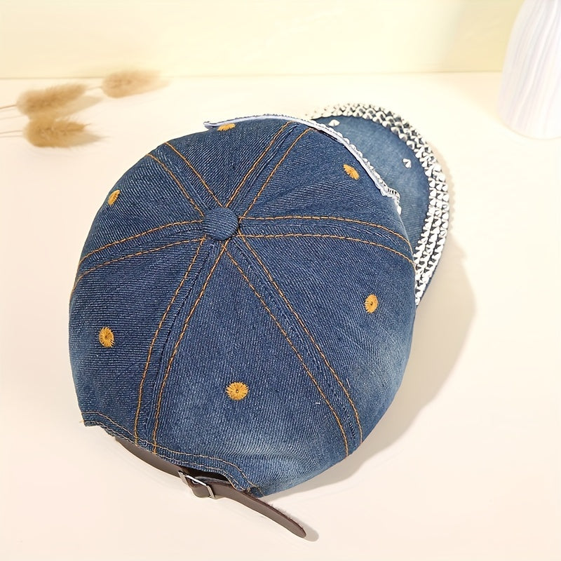 Flag Patch Baseball Cap Rhinestone Denim Washed Distressed Dad Hat