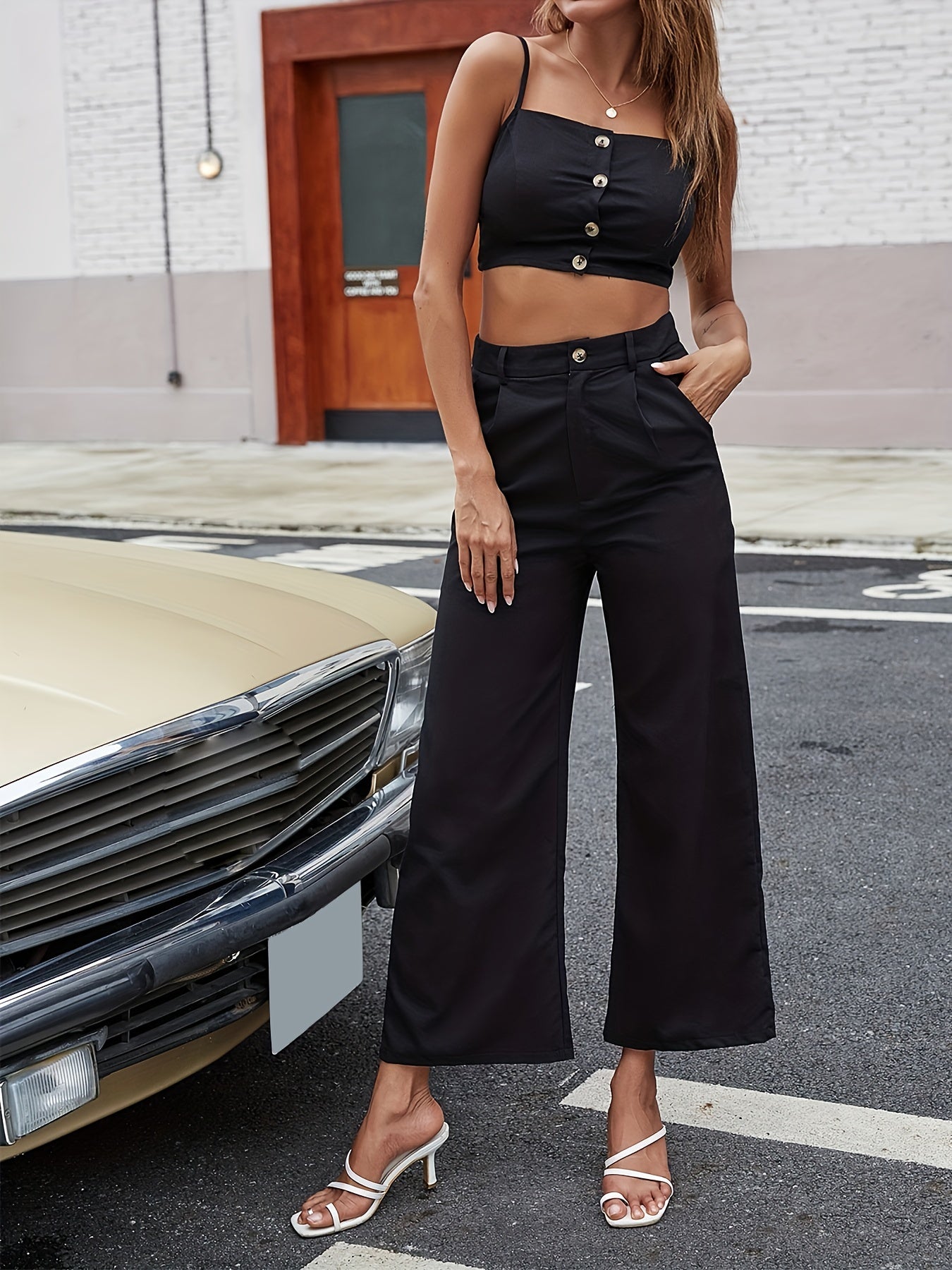 Spaghetti Strap Top & Wide Leg Pants Set Women's Casual Outfit