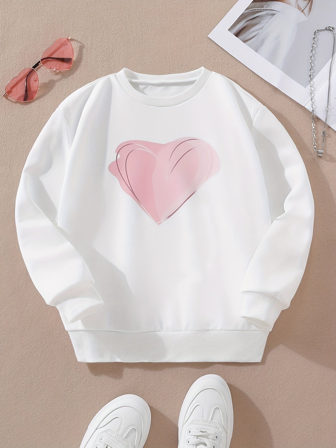 Girls Heart Print Sweatshirt Long Sleeve Pullover Top