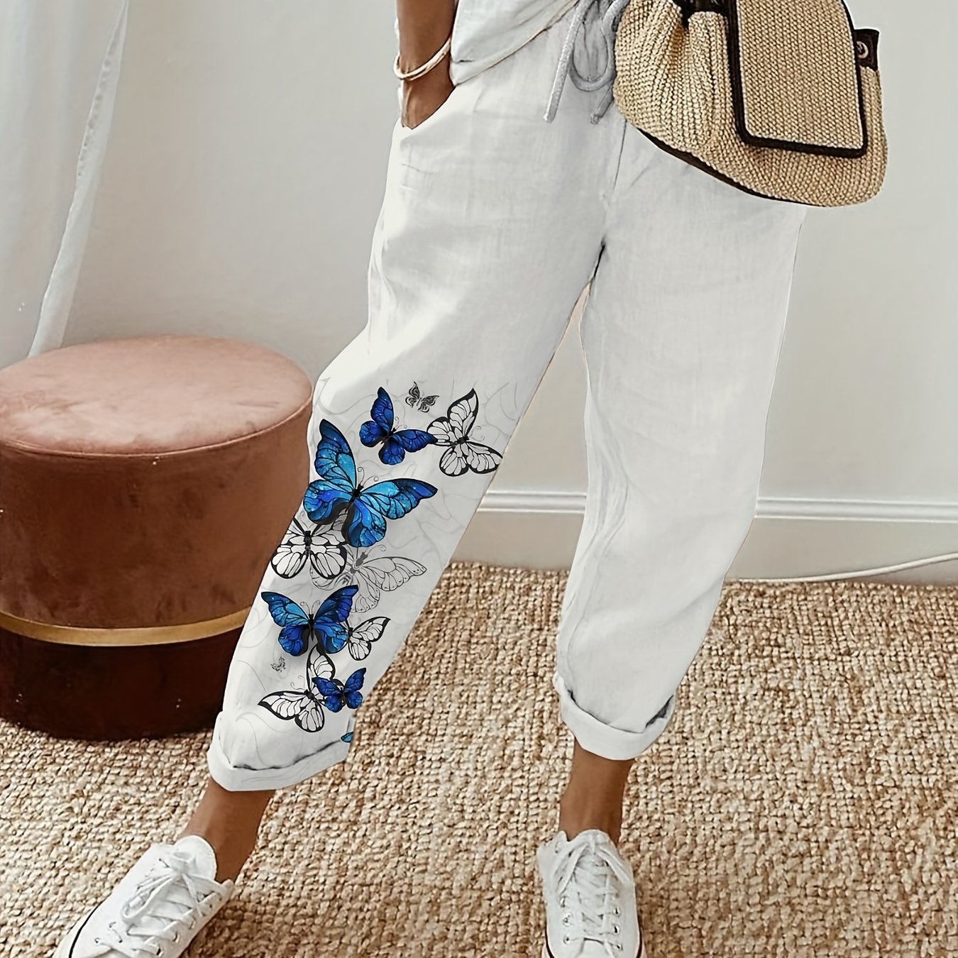Women's Plus Butterfly Print Elastic Drawstring High Rise Casual Pants