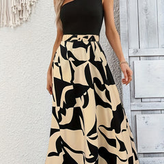 One Shoulder Crop Top & Print Skirt Set Geometric Design