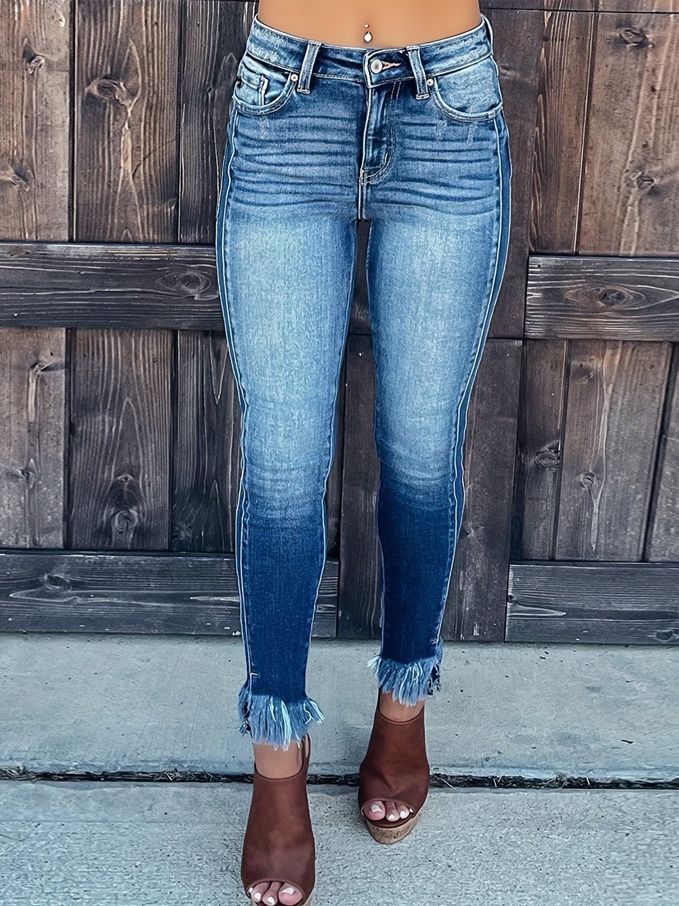 Washed Fringe Trim High Stretch Skinny Jeans