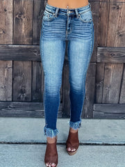 Washed Fringe Trim High Stretch Skinny Jeans
