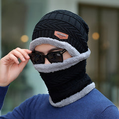 Winter Warm Hat & Neck Scarf Set Thick Knitted Beanie Velvet Lined Hats