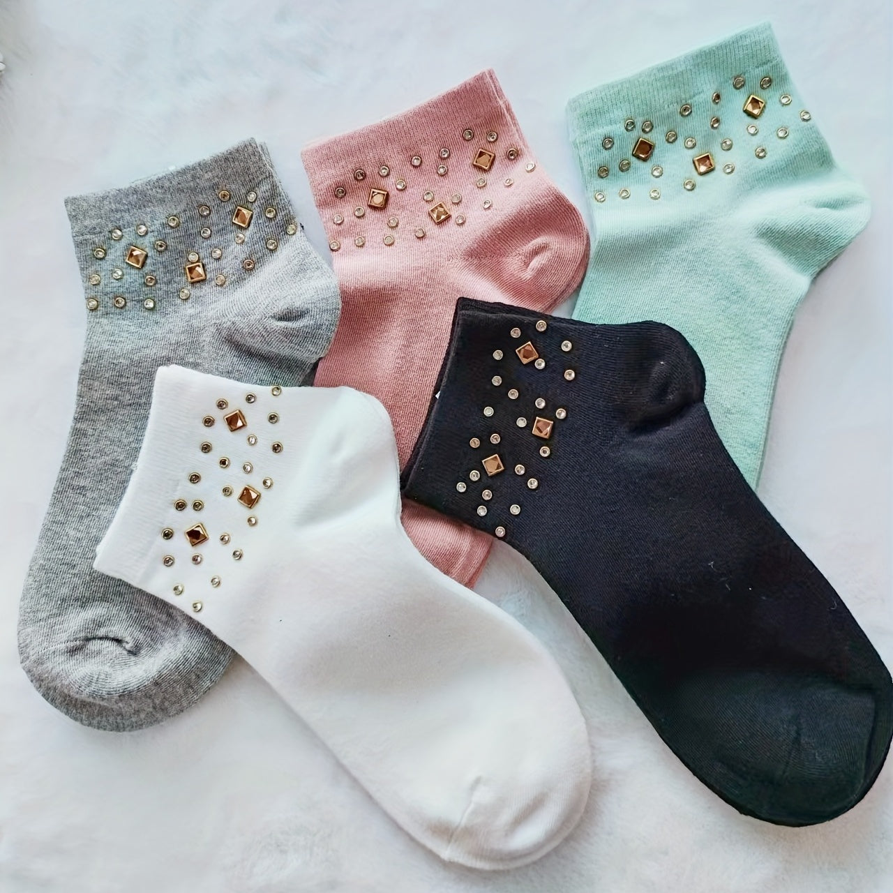 Sparkling Rhinestone Decor Crew Socks for Women