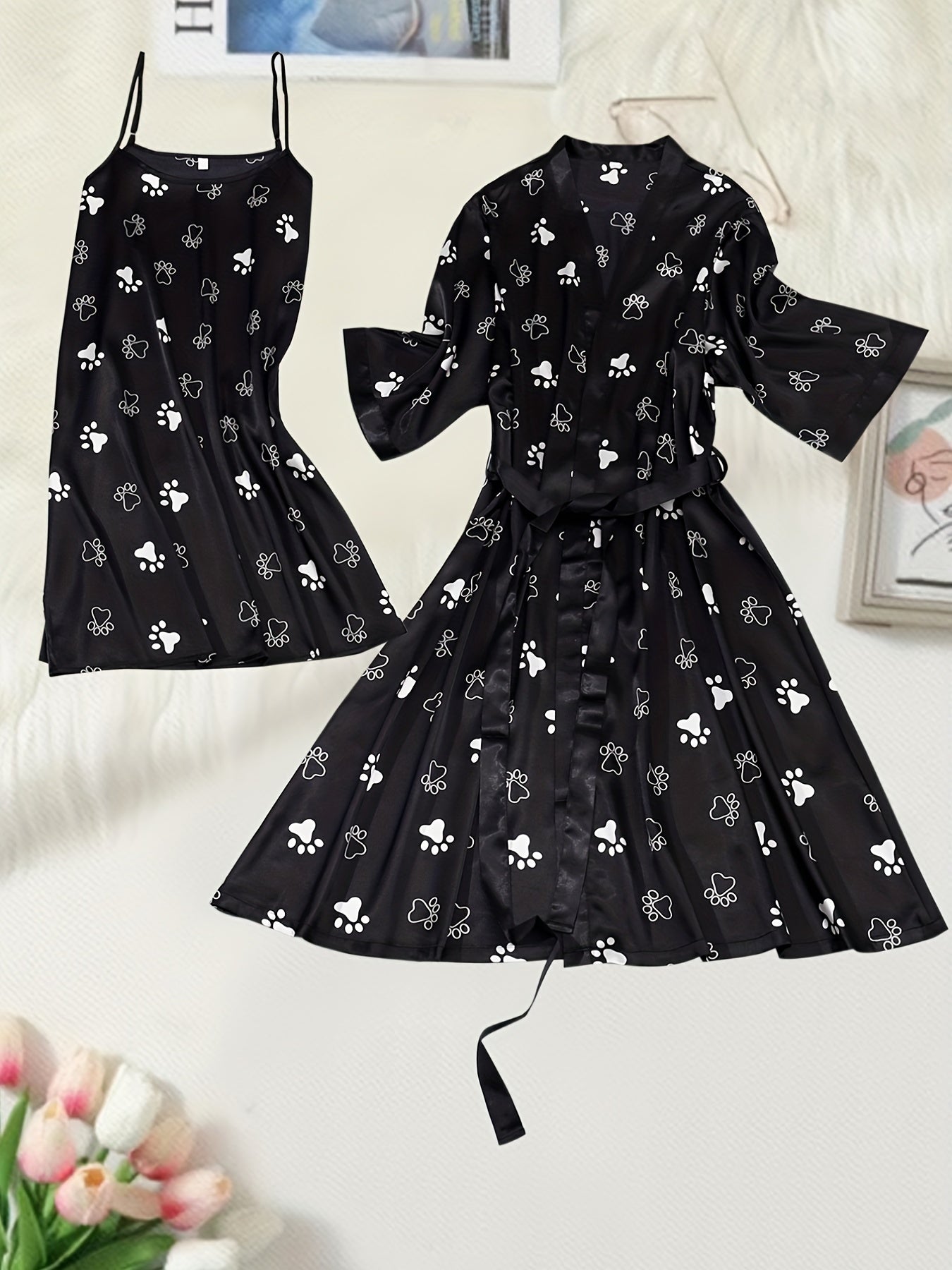 Dog Paw Print Cami Dress & Robe Set