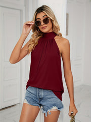 Solid Halter Neck Tank Top with Lace Up Back