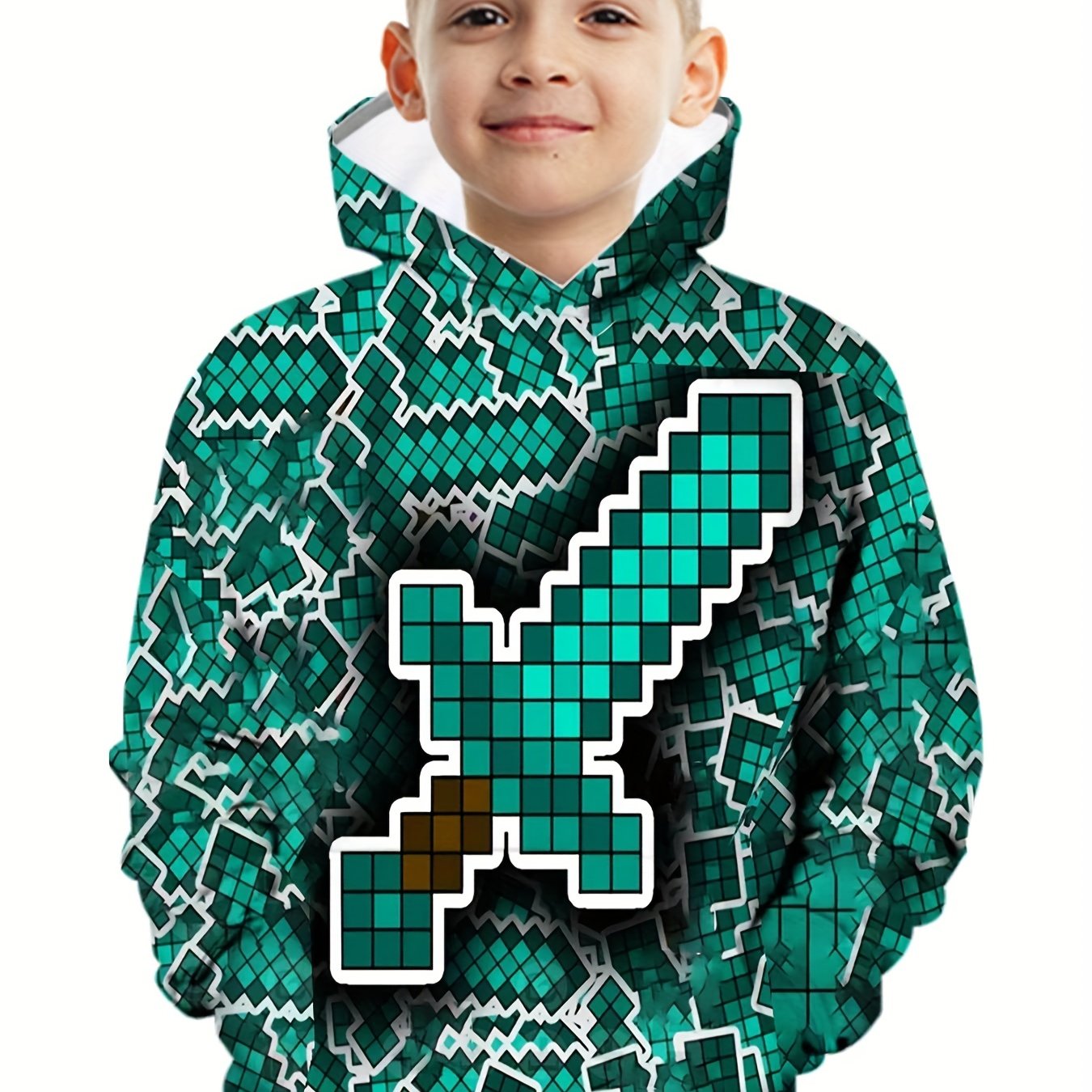 Green Sword Print Boys Hoodie for Spring Fall