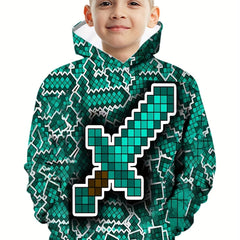Green Sword Print Boys Hoodie for Spring Fall