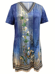 Floral Print V Neck Stretch Dress