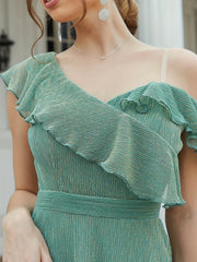 One Shoulder Ruffle Trim Bridesmaid Dress Maxi for Wedding Party