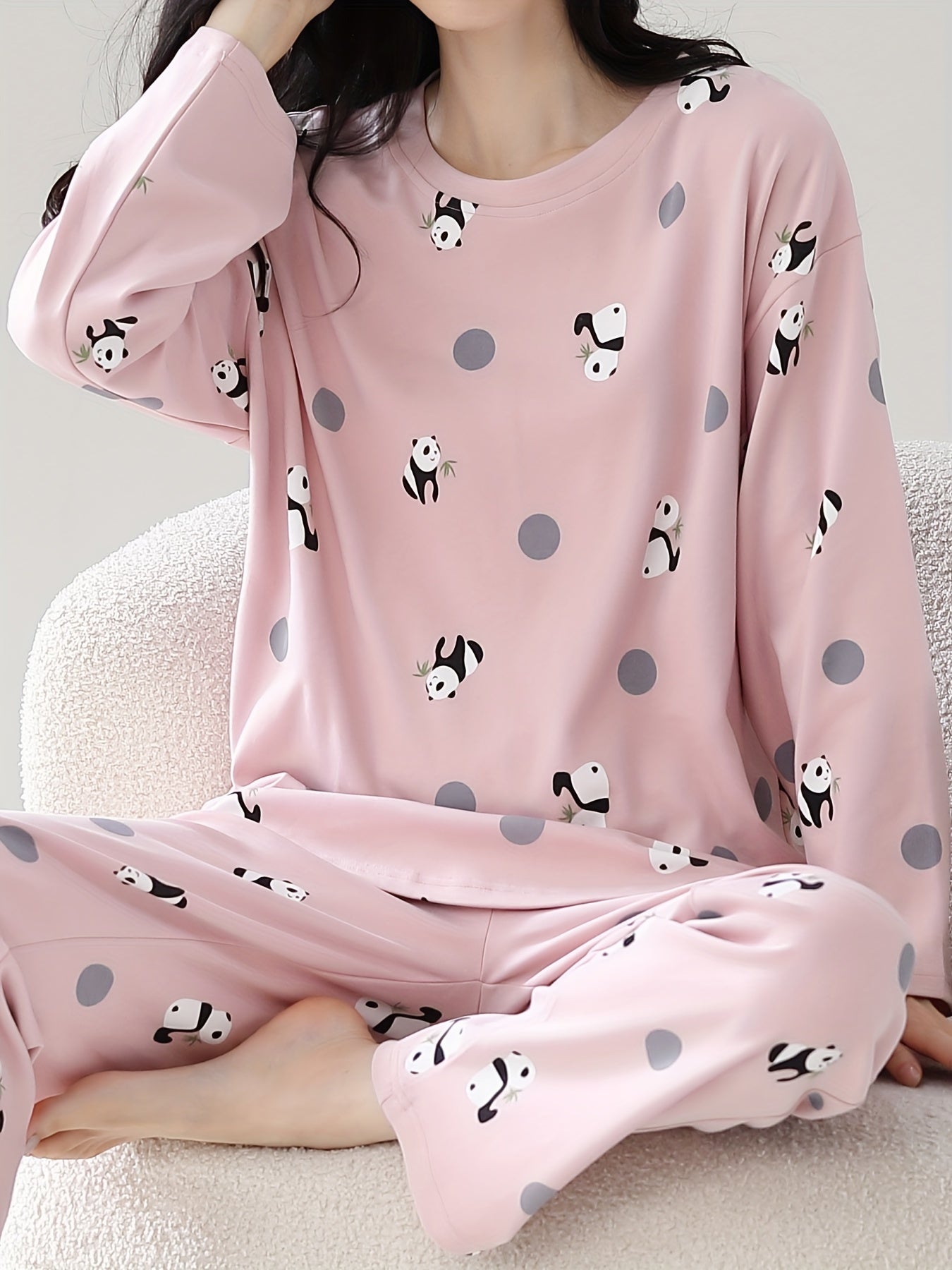 Panda Print Pajama Set Long Sleeve Top & Lounge Pants Women's Sleepwear
