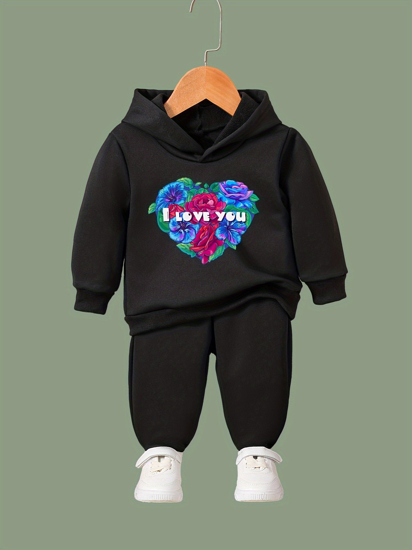 OERYUI Rose Graphic I LOVE YOU Print Hoodies Pants Set for Spring Fall