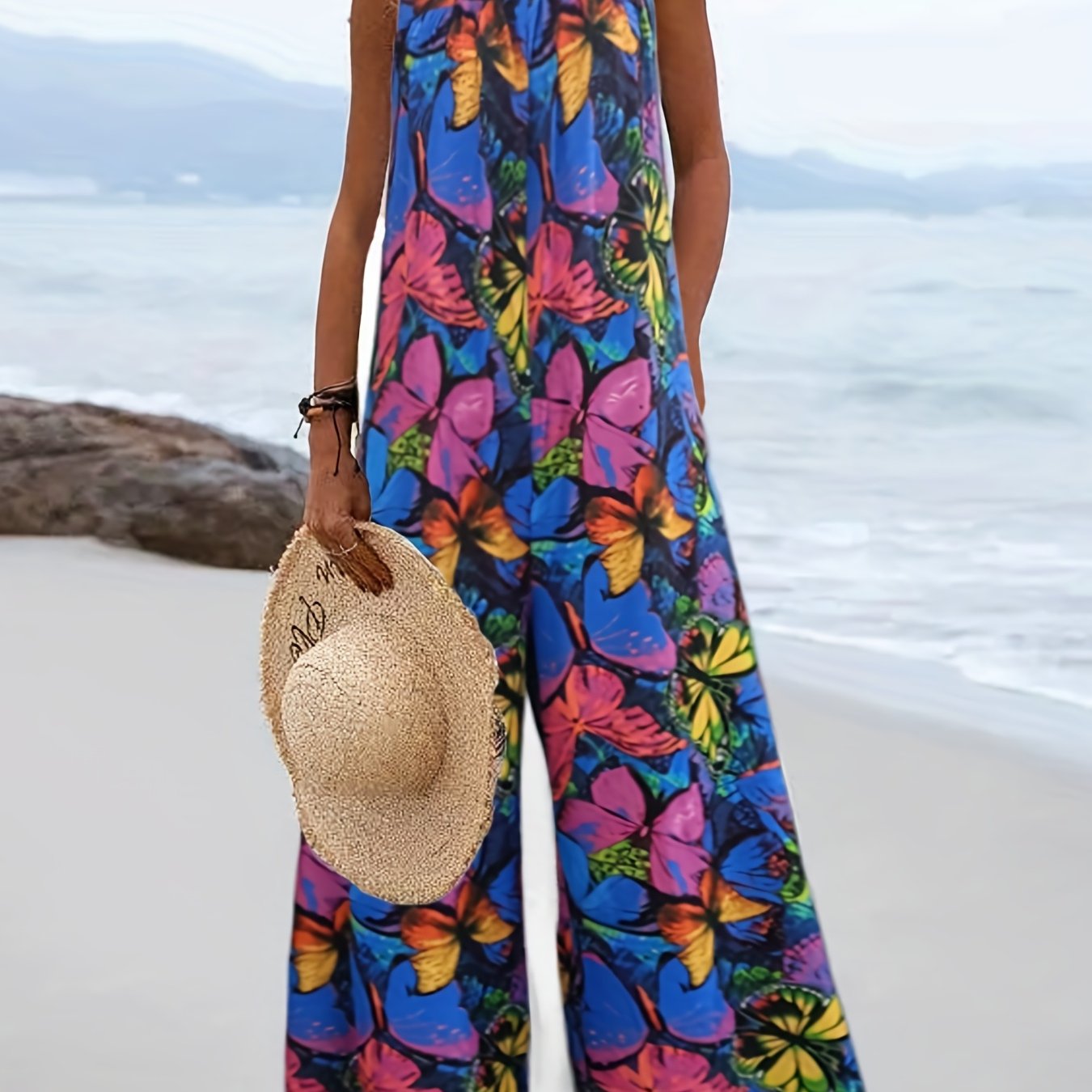 Butterfly Print Wide Leg Jumpsuit Casual Backless Jumpsuit