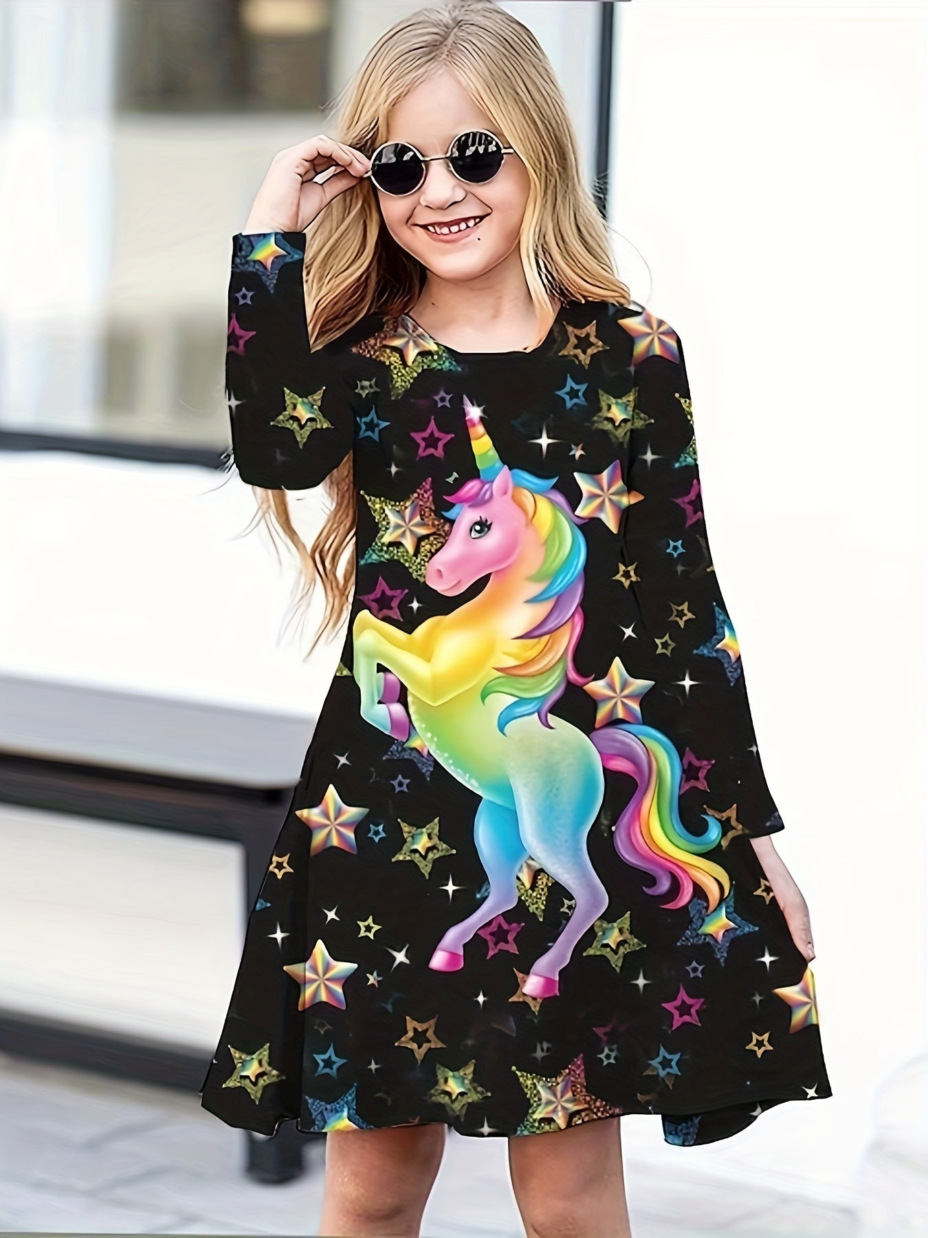Shining Unicorn Graphic Long Sleeve Dress for Girls
