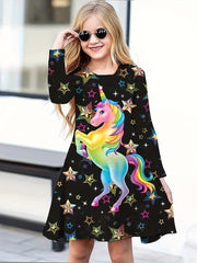 Shining Unicorn Graphic Long Sleeve Dress for Girls