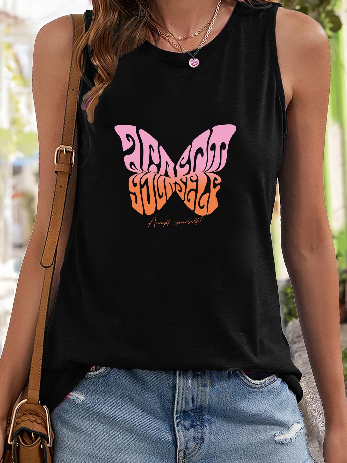 Butterfly Pattern Sleeveless Sports Vest Round Neck Casual Top