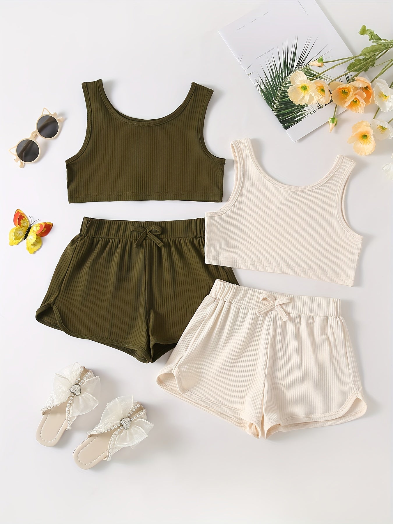 Girls Ribbed Knit Crop Tank Top & Shorts Set