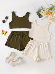Girls Ribbed Knit Crop Tank Top & Shorts Set