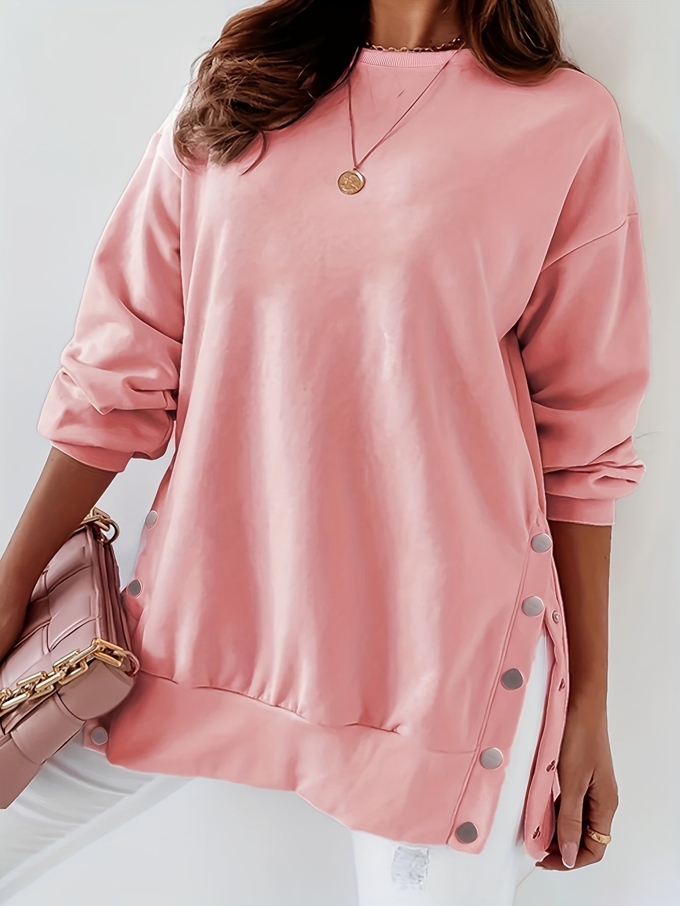 Solid Button Side Sweatshirt Casual Long Sleeve Crew Neck Sweatshirt Women's Clo