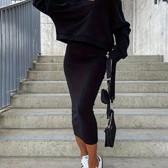Solid V Neck Hoodie & Tank Dress Outfits Set