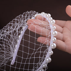 Bridal Veil & Faux Pearl Headband Diamond Grid for Weddings