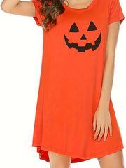 Halloween Pumpkin Face Print Round Neck Tee Sleep Dress