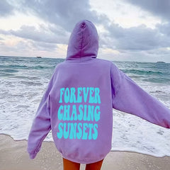 Sunset Print Hoodie Long Sleeve Drawstring Casual Sweatshirt Women