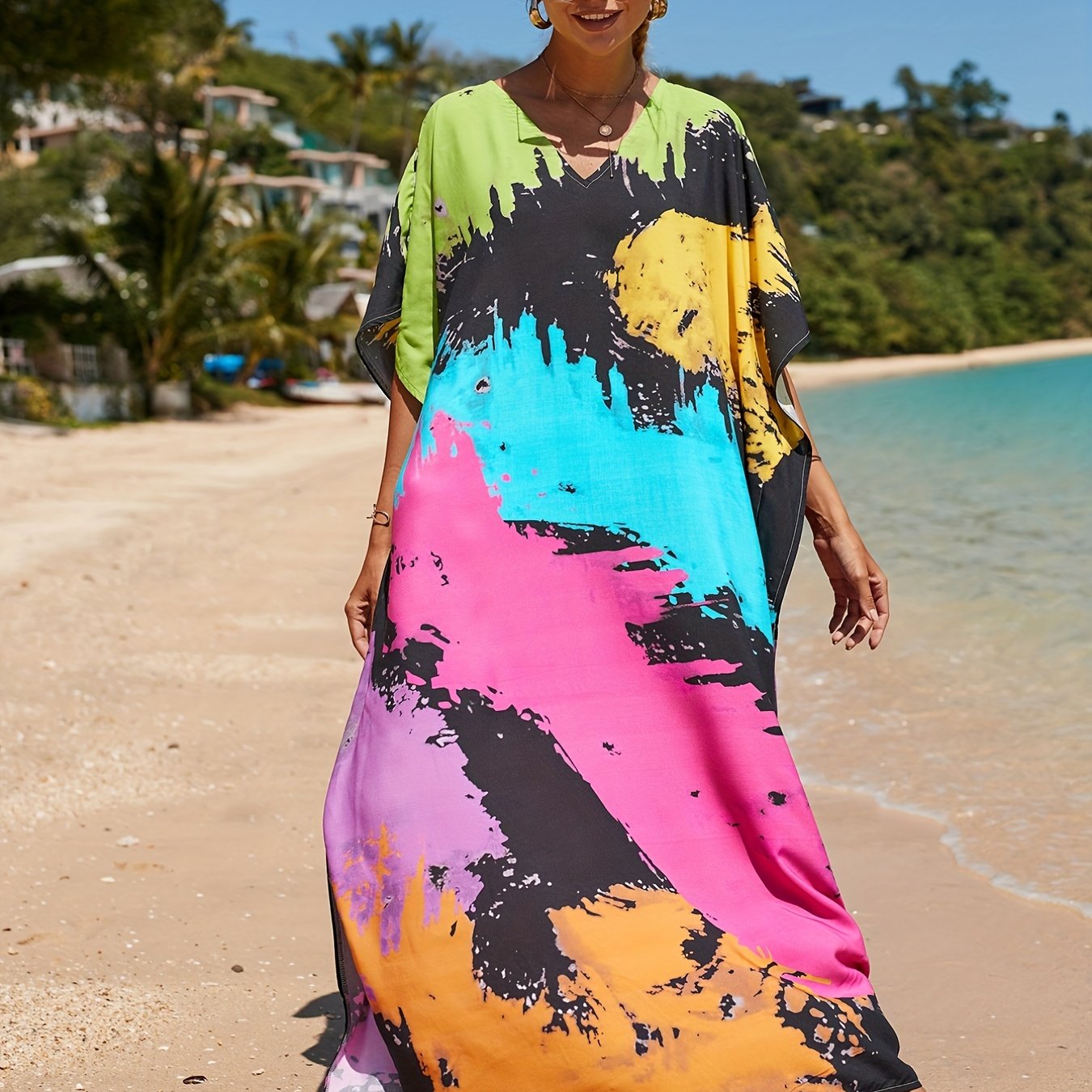 Splatter Print Bat Sleeve Cover Up Dress