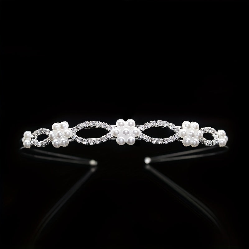 Rhinestone Faux Pearl Headband Queen Double Layer Crown Tiara Head Jewelry