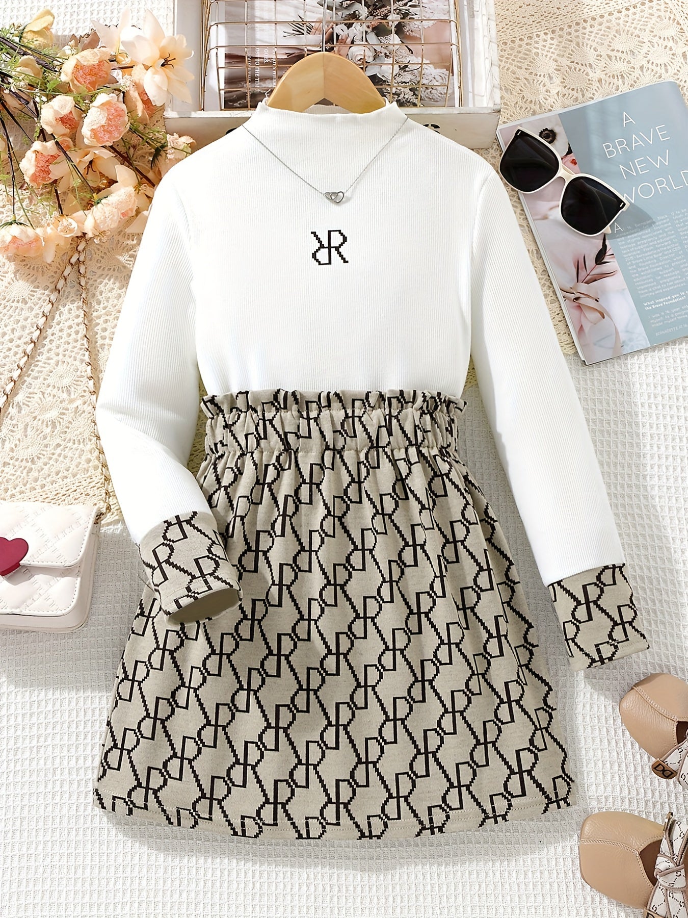 2pcs Girls Mock Neck Long Sleeve Dress Set Kids Autumn Winter Clothes