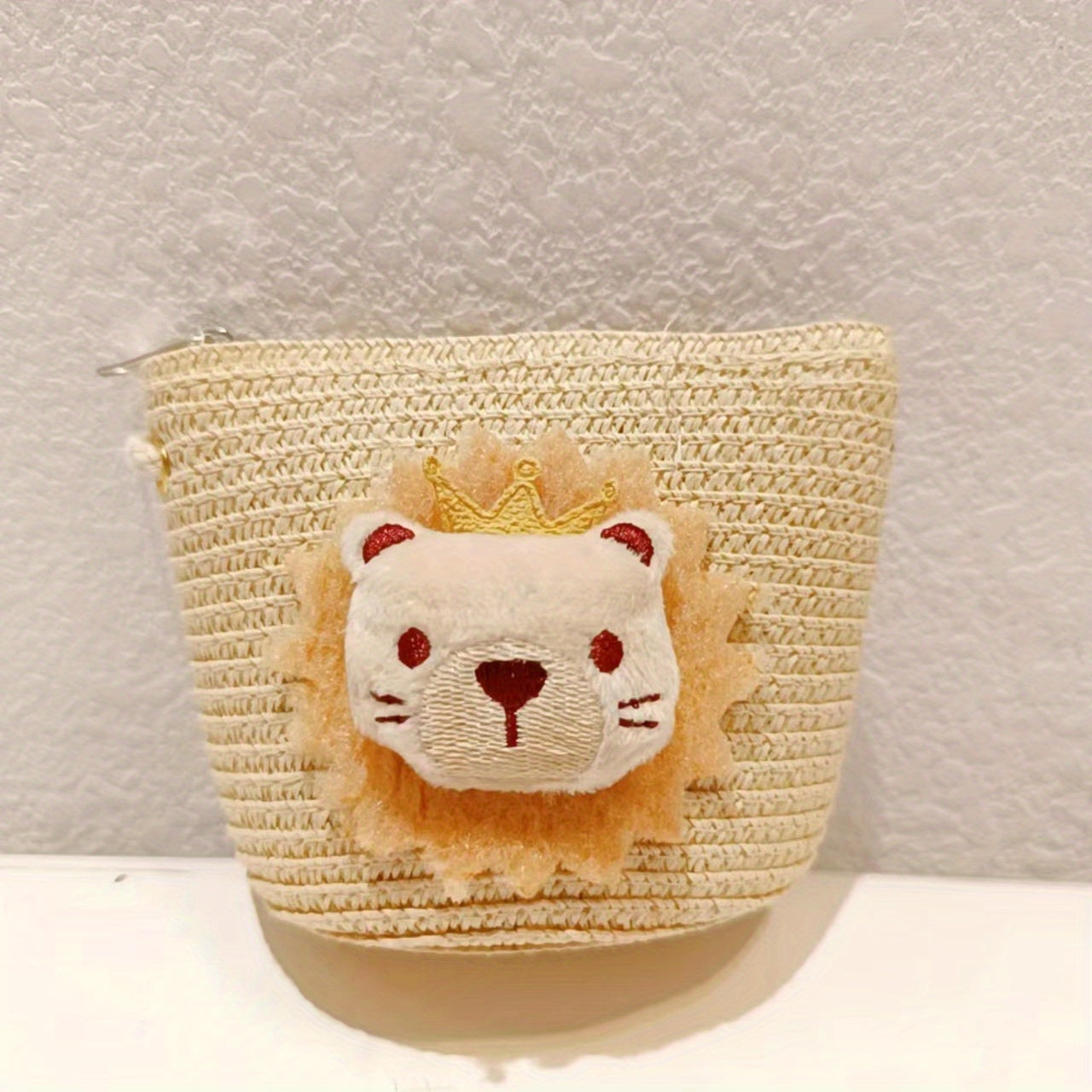 Straw Woven Diagonal Bag Lion Doll Mini Coin Purse