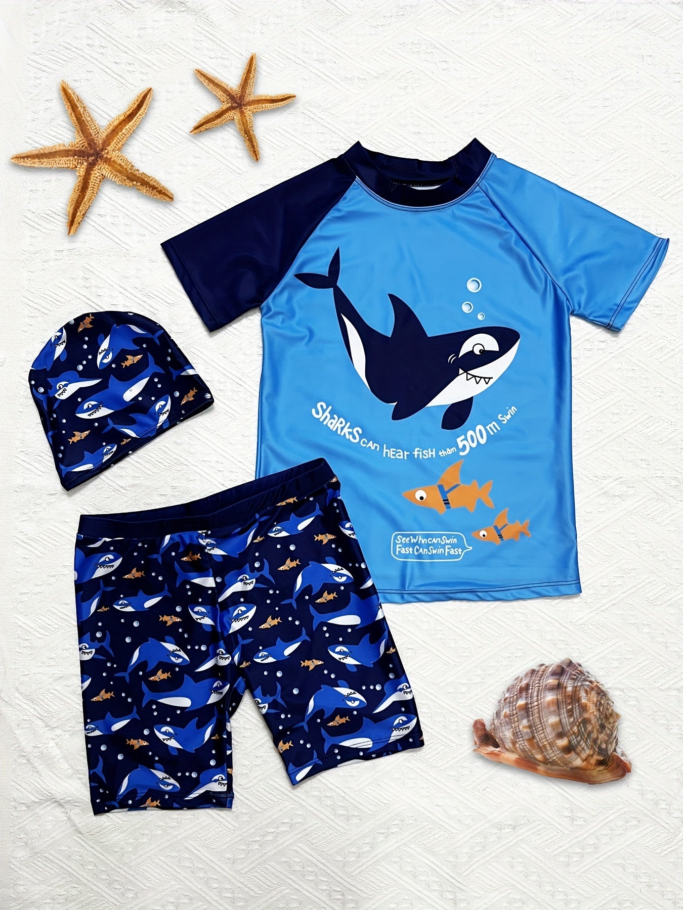 Toddler Boys Shark Swimsuit Set Short Sleeve Top & Shorts & Cap