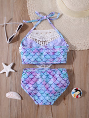 Girls Mermaid Fish Scales Swimsuit Lace Halter Bikini Swimwear