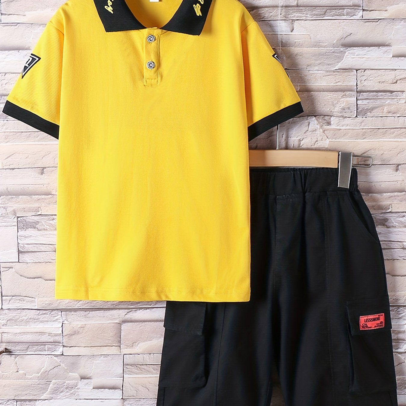 Boys Letter Print Casual Outfit Polo Shirt & Cargo Shorts Set
