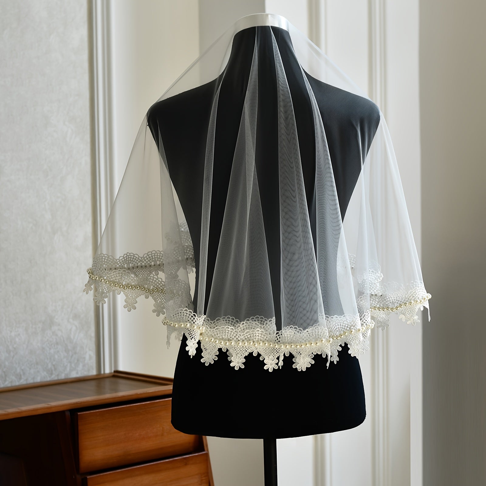 Bridal Veil Pearl Lace Trim Nylon Wedding Accessory M98