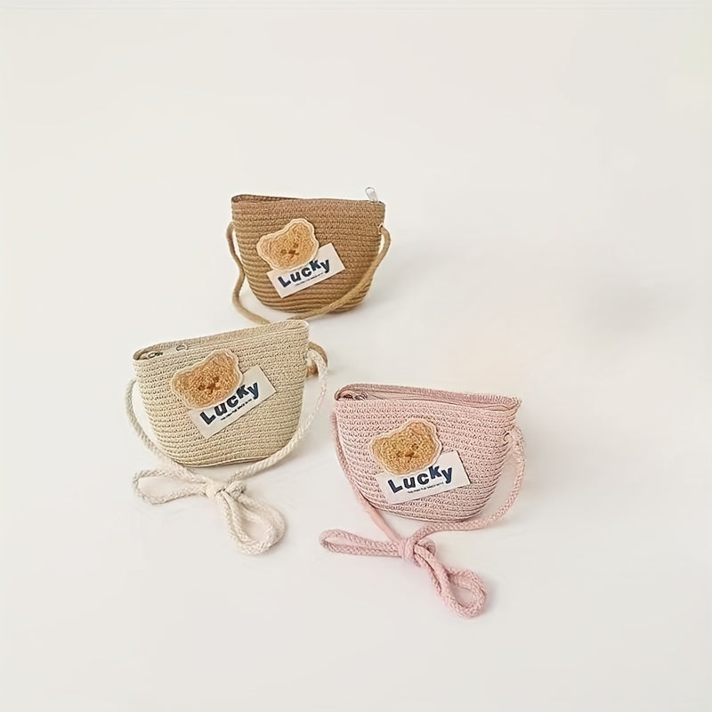 Girls Lucky Bear Shoulder Bag Woven Cion Pouch Canvas Crossbody Bag
