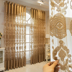 1pc Coffee European Embroidered Hollow Window Sheer Curtains