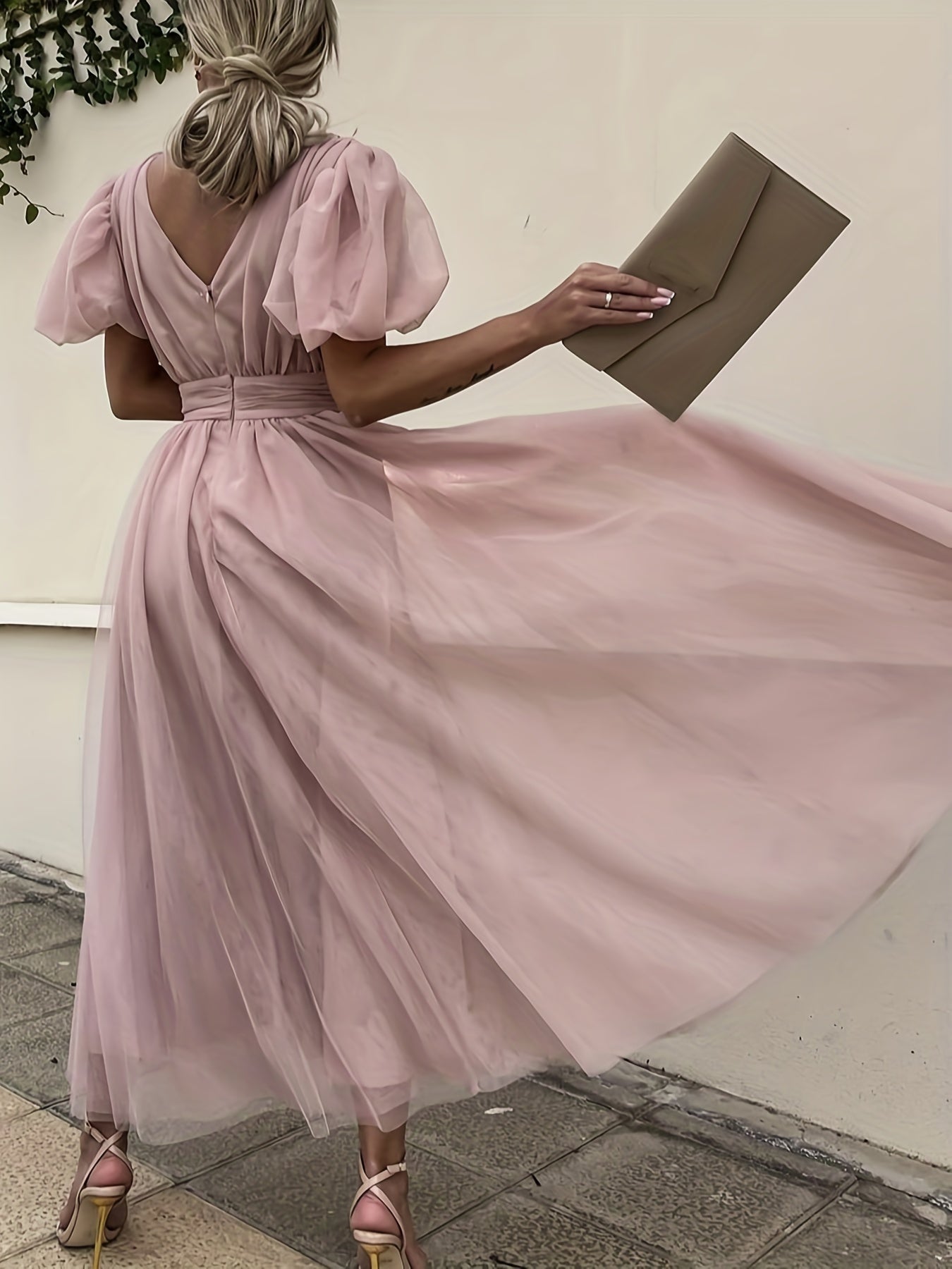 Plunging Wedding Dress Puff Sleeve Maxi Dress