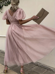 Plunging Wedding Dress Puff Sleeve Maxi Dress
