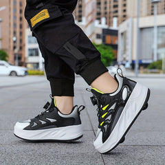 Boy's Roller Shoes with Rotating Buckle Comfy Wheel Skate Sneakers