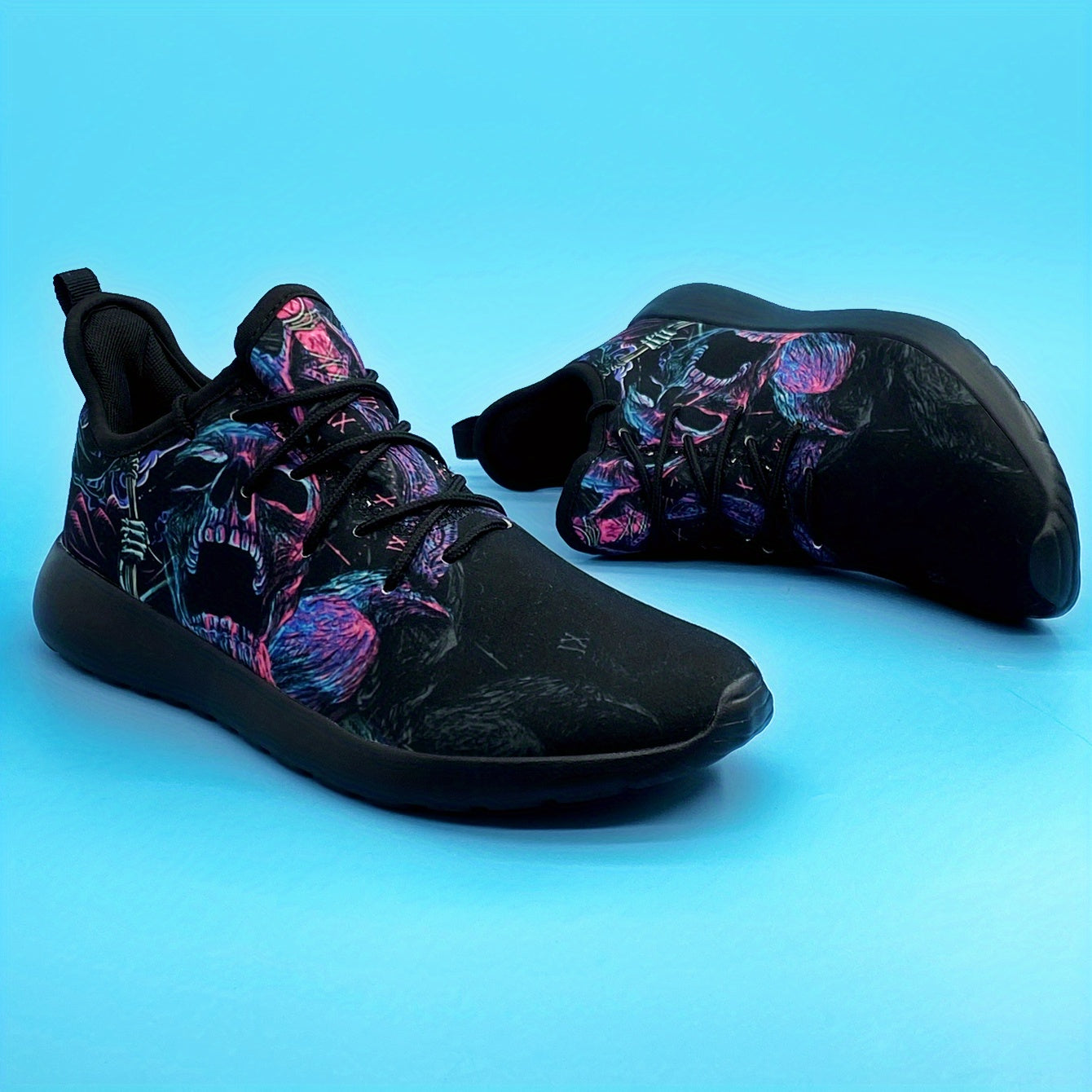 Men's Skull Crow Print Lace Up Casual Shoes Lightweight Non slip Comfy Sneakers