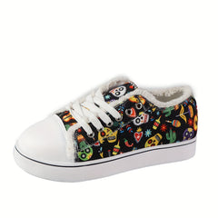 Women's Skull Canvas Sneakers Halloween Lace Up Flats