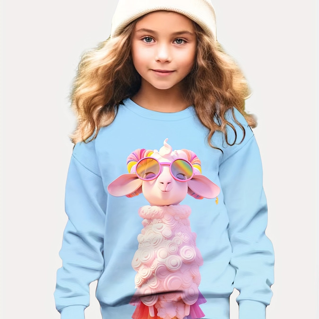 Ice Cream Goat Print Long Sleeve Sweatshirt For Girls