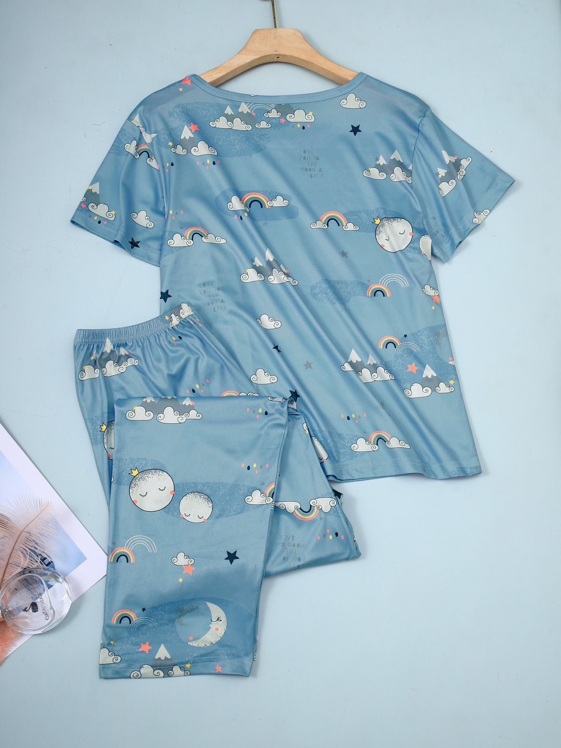 Rainbow & Moon Print Pajama Set Short Sleeve Top & Pants